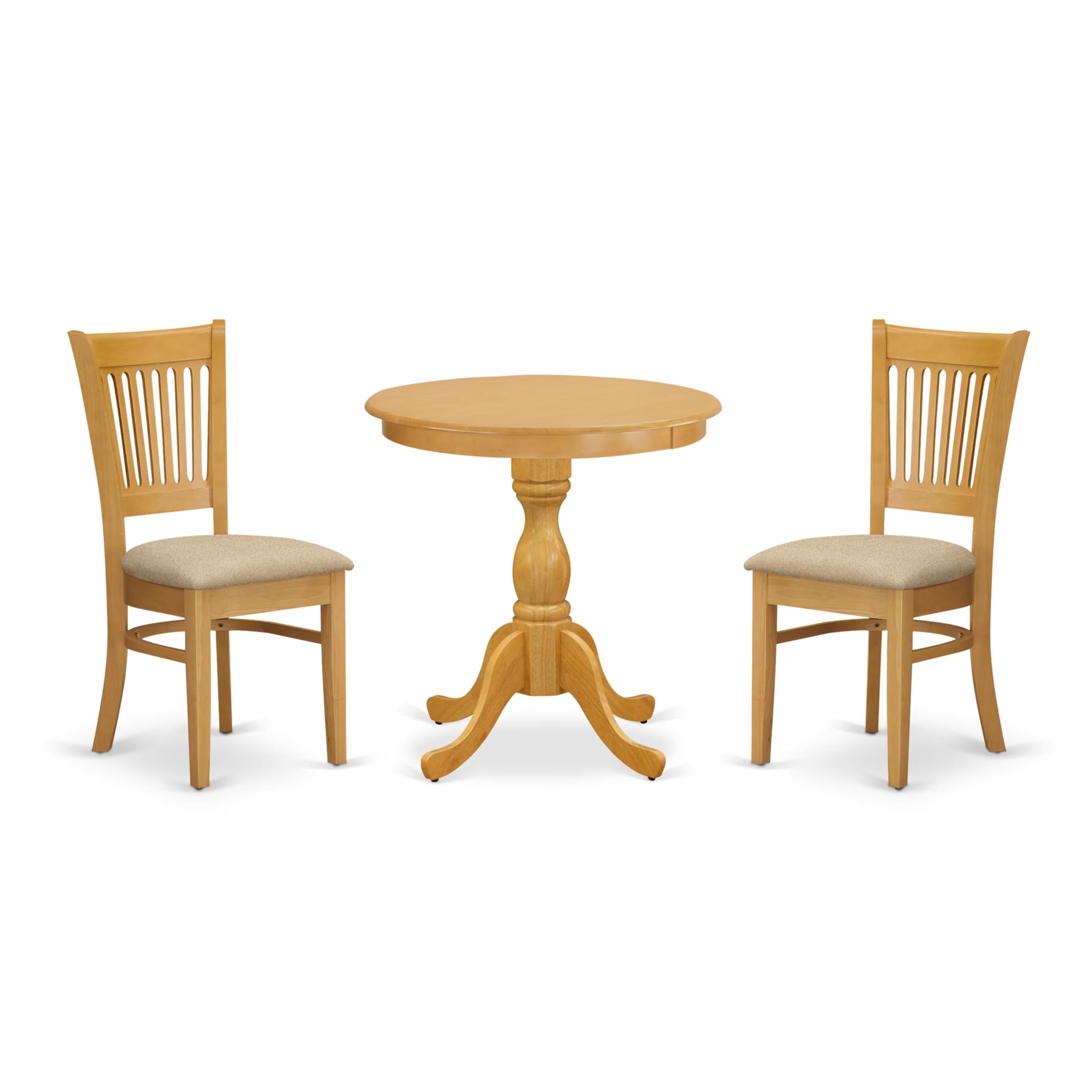 East West Furniture Esva3-Oak-C 3 Piece Dining Table Set For Small Spaces Contains A Round Dining Room Table With Pedestal And 2 Linen Fabric Upholstered Chairs, 30X30 Inch, Oak