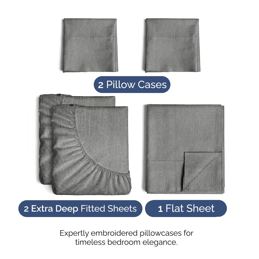 Extra Deep Pocket Split King Sheets - 5 Piece Breathable & Cooling Bed Sheets - Hotel Luxury Bed Sheet Set - Soft, Wrinkle Free & Comfy - Easily Fits Extra Deep Mattresses - Heathered Grey Sheets Set