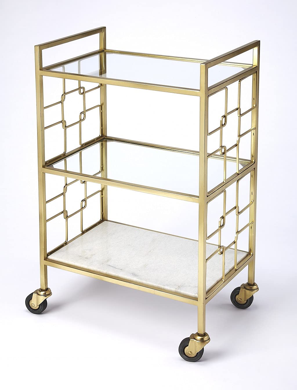 HomeRoots Stainless Steel, Glass, White Stone Polished Gold Bar Cart