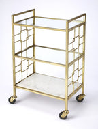 HomeRoots Stainless Steel, Glass, White Stone Polished Gold Bar Cart