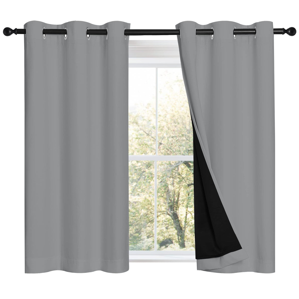 Nicetown Silver Grey 100% Blackout Curtains With Black Liners, Thermal Insulated Full Blackout 2-Layer Curtains, Energy Efficien