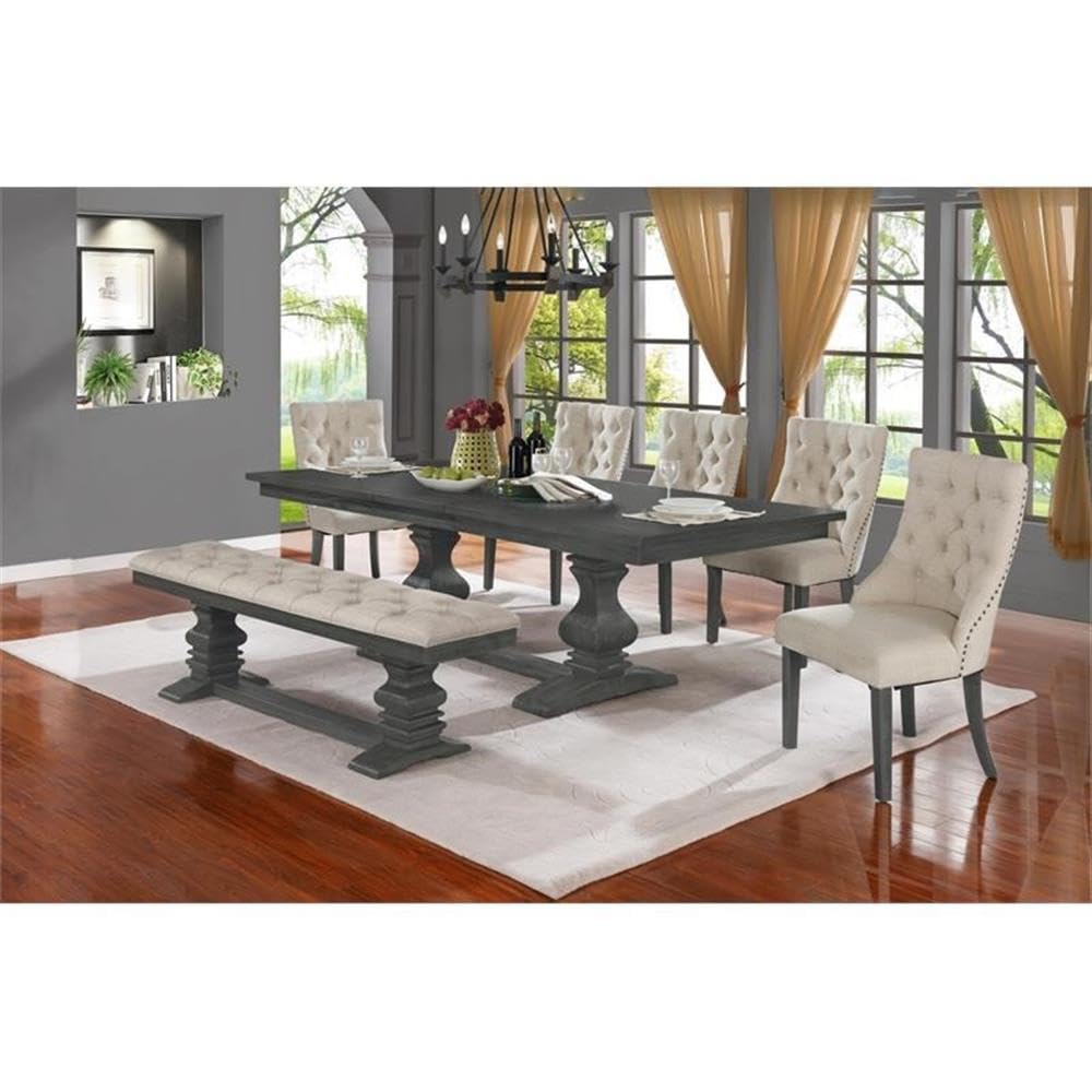 Best Quality Beige Linen Fabric Dining Chair (Single) with Tufted Seats and Gray Wood Legs