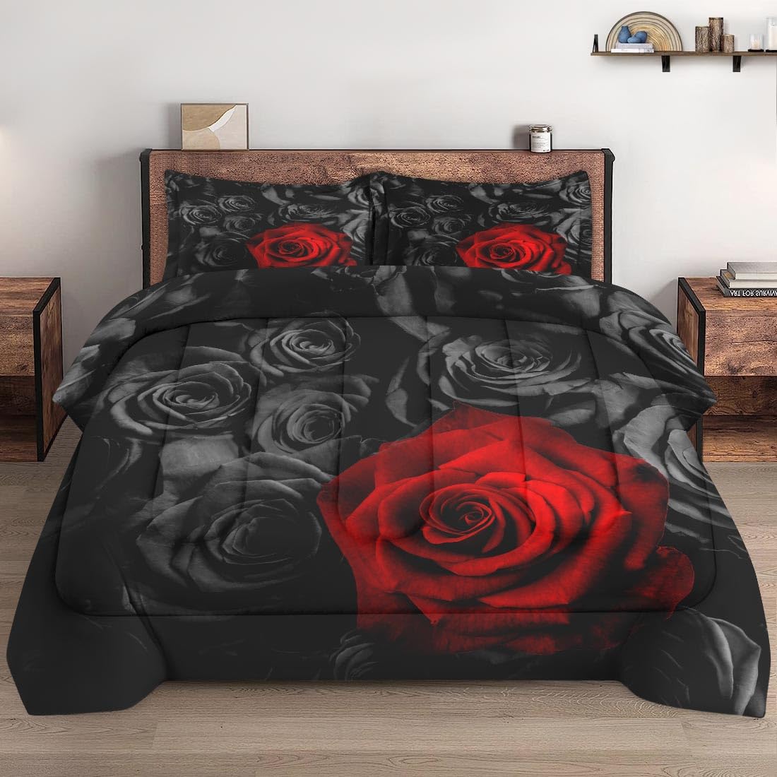 Wecozy 3 Pcs Comforter Set King Size With 2 Pillowcases, Red Rose Flower Bedding Set For Kids And Adults, Summer Vintage Floral