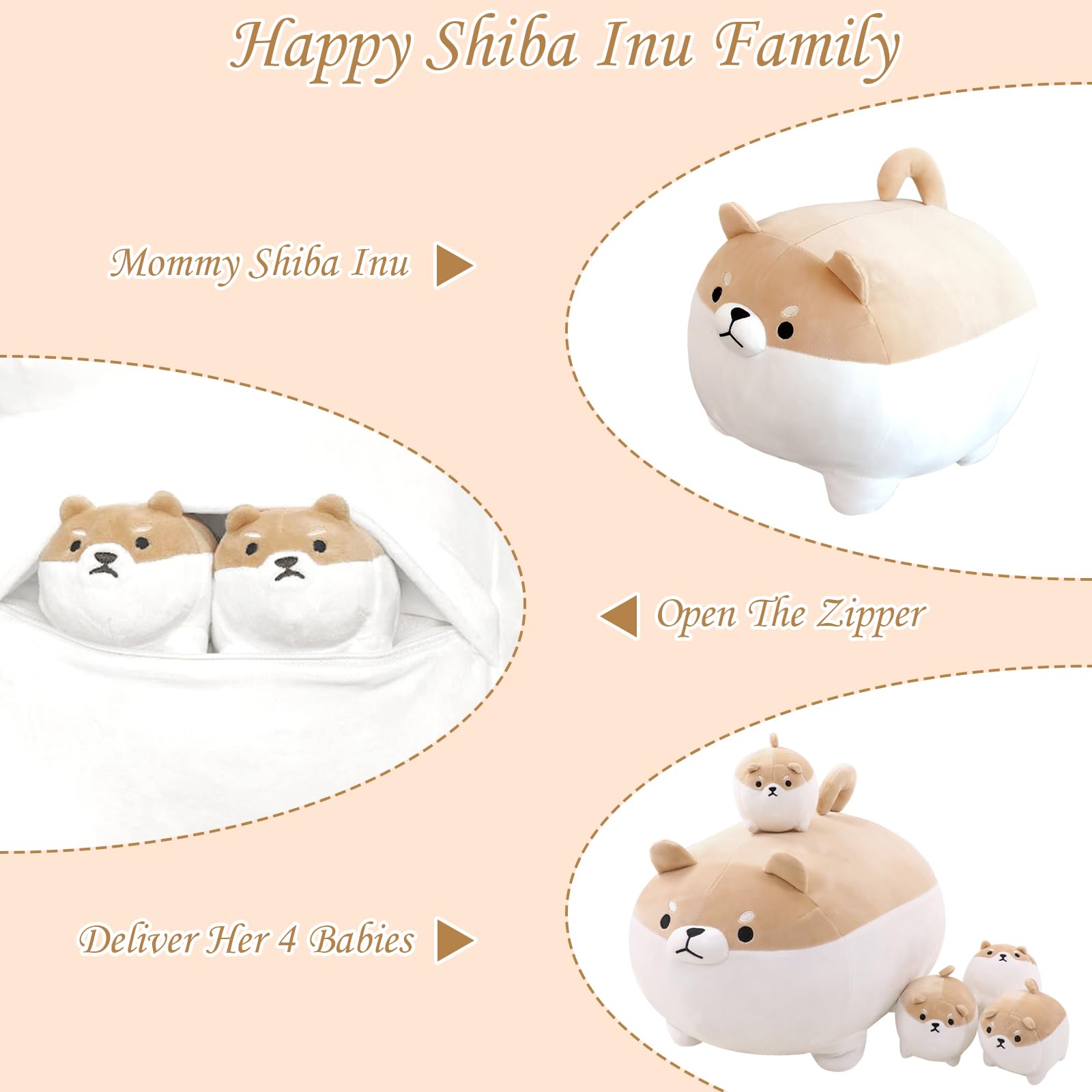 Toysym Shiba Inu Plush Kawaii Corgi Stuffed Animals With 4 Baby Corgi Plushies In Her Tummy, Soft Cotton Dog Plush Animal Pillow