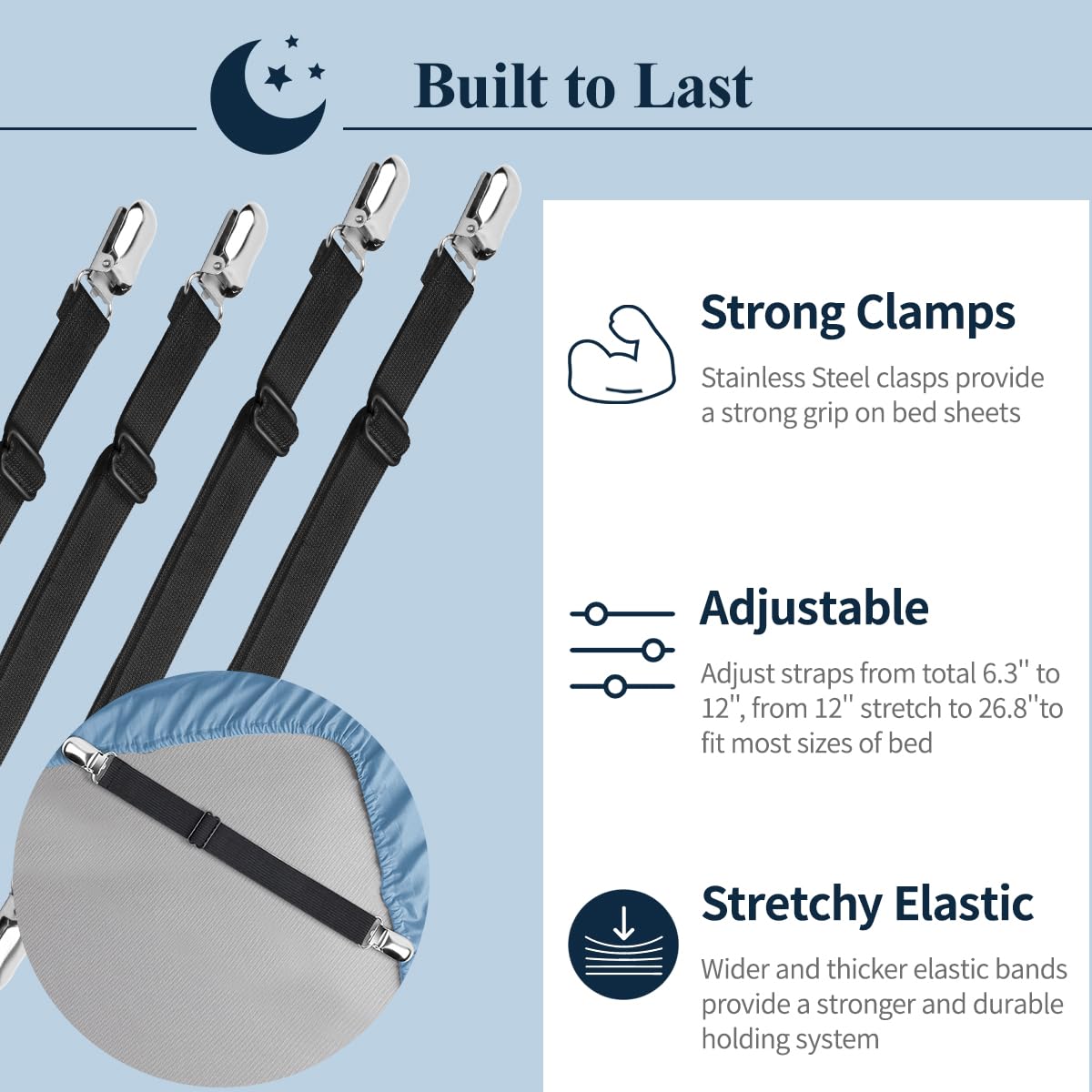 Bed Sheet Fasteners, 8 Pcs Adjustable Max Stretches To 26.8 In Holder Straps Non Slip Straps With Clips To Keep Sheets Firm & Tight, Universal & Black