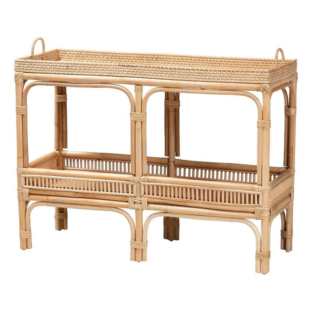 Baxton Studio Lombok Modern Bohemian Rattan Console Table with One Lower Shelf & Ergonomic Side Handles, Fully Assembled, in Natural Brown Finish