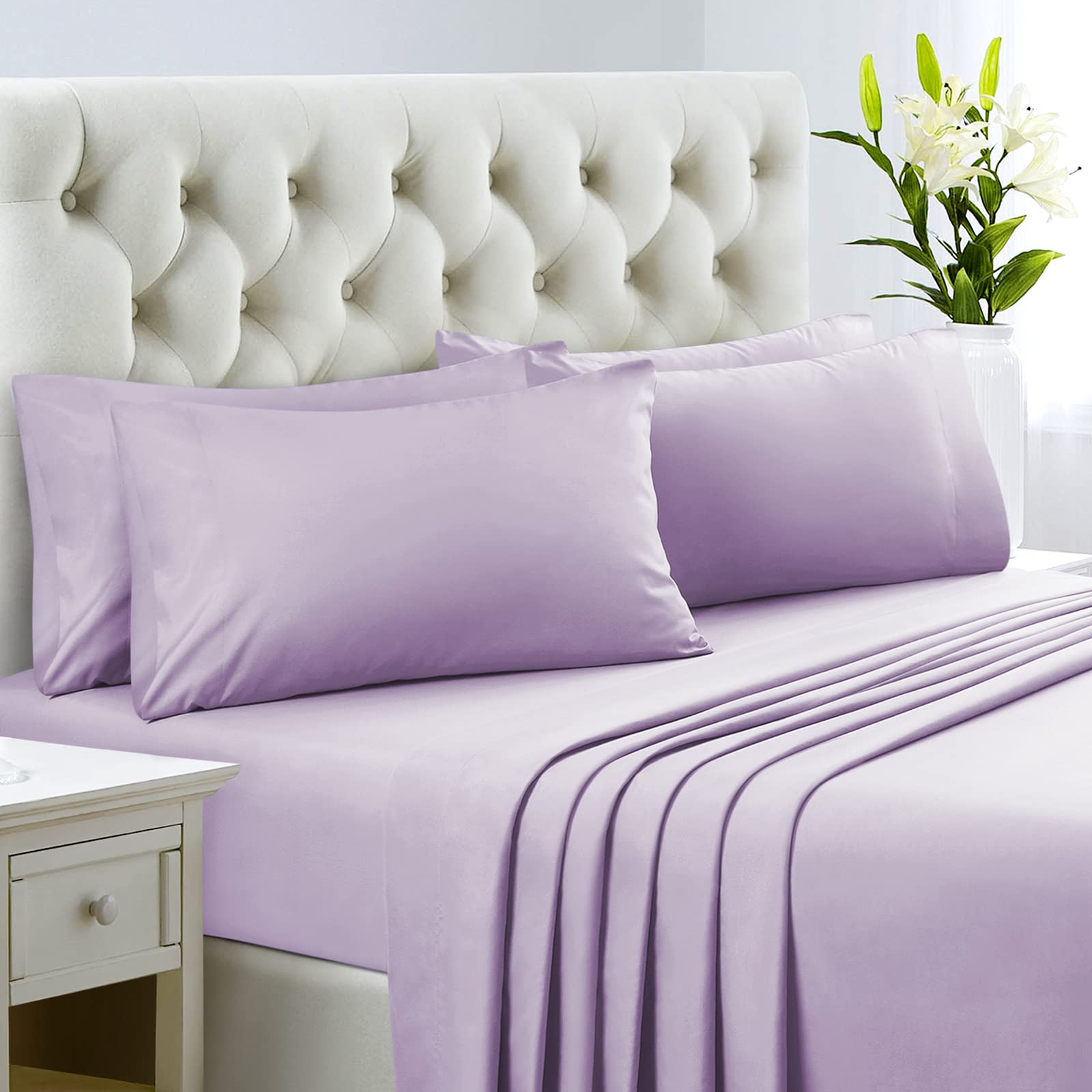 Homeideas King Size Bed Sheets - 6 Piece Set (Lavender) - Extra Soft Brushed Microfiber 1800 Bedding Sheets, Deep Pocket, Wrinkle & Fade Free