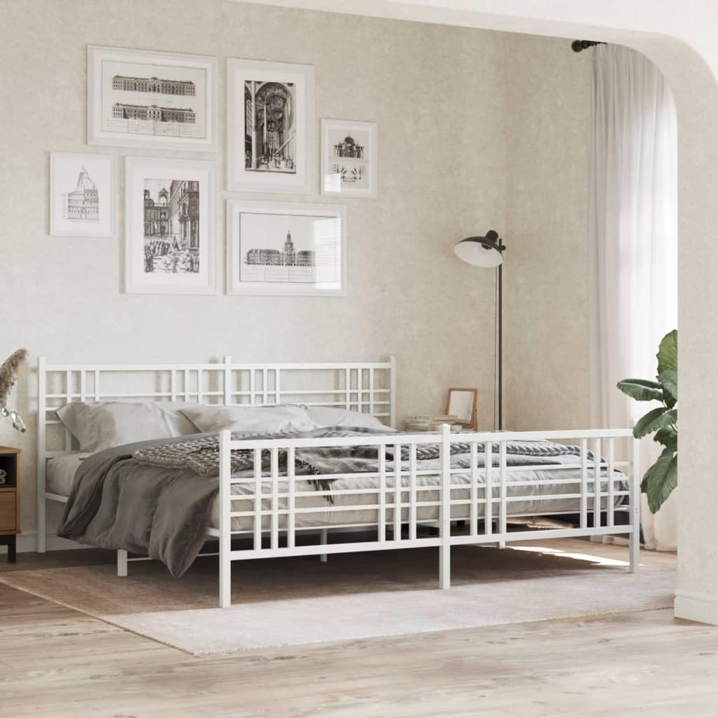 vidaXL Elegant King Metal Bed Frame with Headboard and Footboard in White - Steel Double Bed Base for Bedroom, Easy Assembly, Storage Space