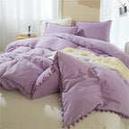 Ihoustriy Kid'S Duvet Cover Twin Size,100% Washed Microfiber 2Pcs Bedding Duvet Cover Set, Pom Poms Fringe Solid Color Soft And