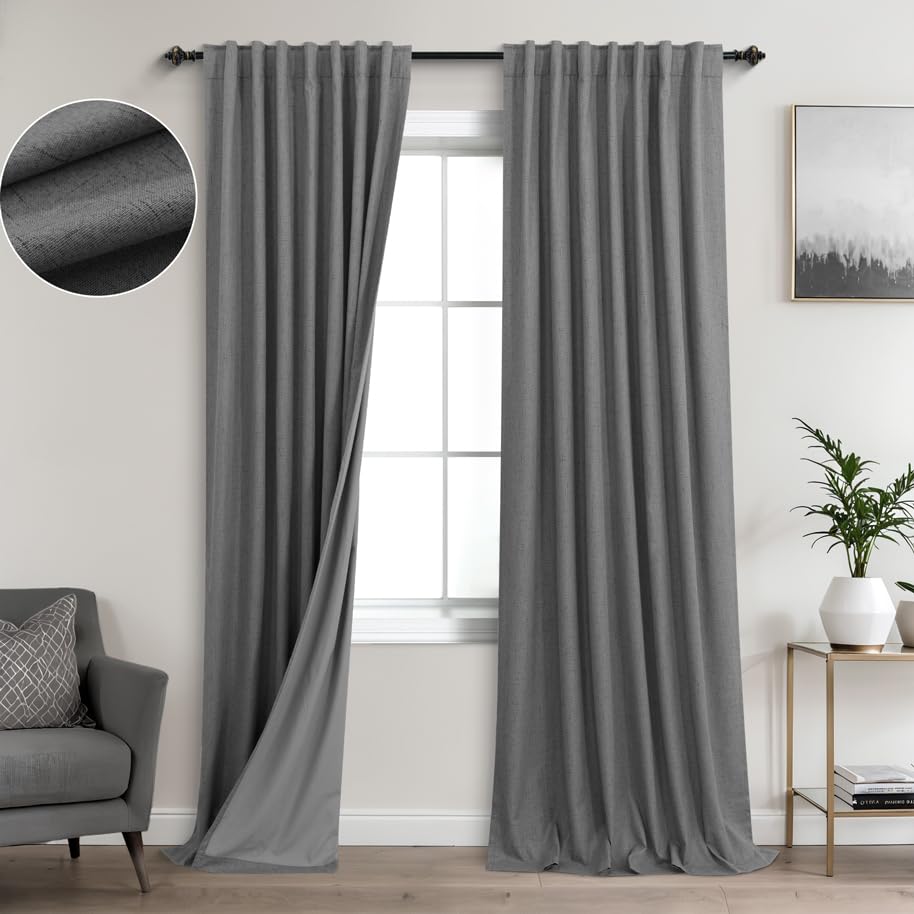 Koufall Gray Curtains 96 Inches Long 2 Panels,Linen Textured Back Tab Pleated Black Out Charcoal Grey Blackout Drapes For Bedroo