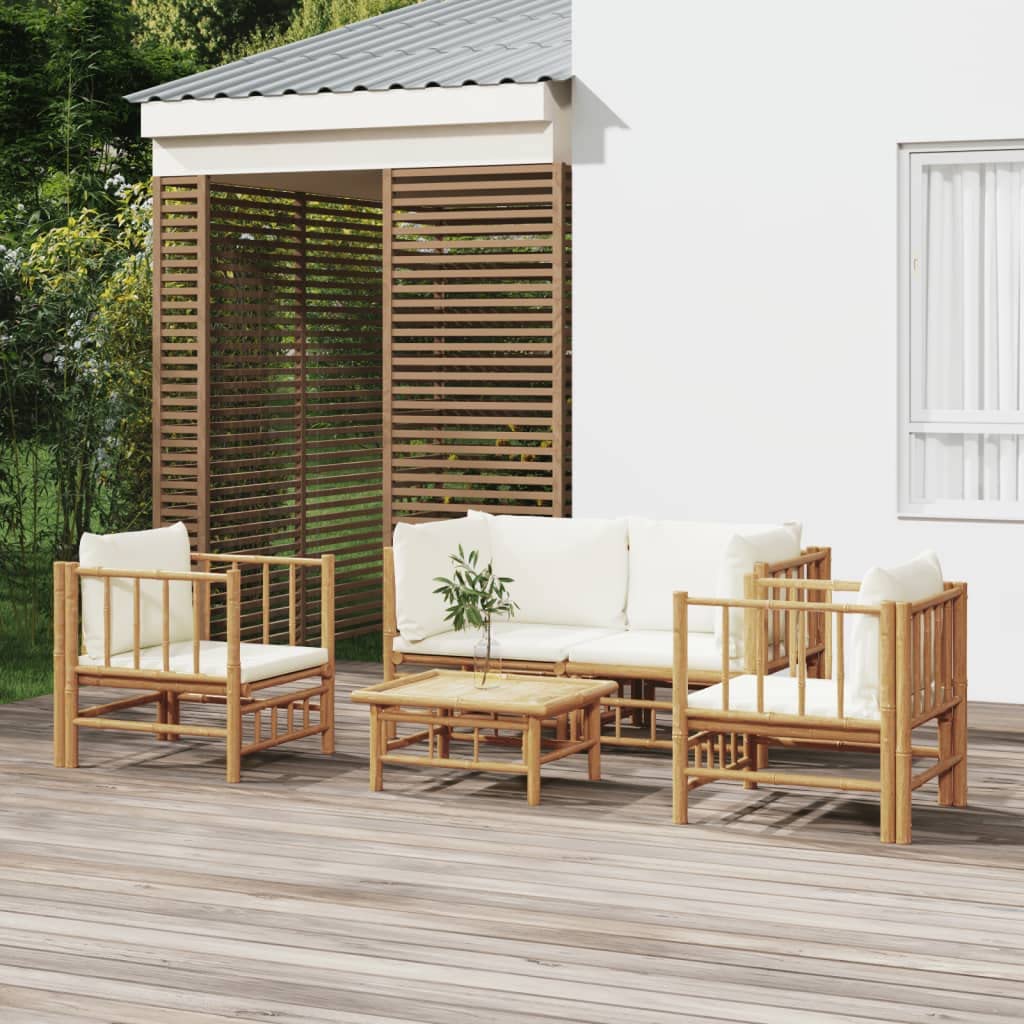 vidaXL Bamboo Patio Lounge Set with Cream White Cushions | Versatile Outdoor Garden Furniture | Modular Design | 5 Piece Set Includes Corner Sofas, Chairs, and Table
