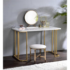 Acme Midriaks Metal Round Mirror and Faux Leather Stool in White and Gold