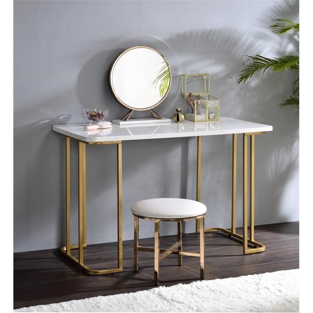 Acme Midriaks Metal Round Mirror and Faux Leather Stool in White and Gold
