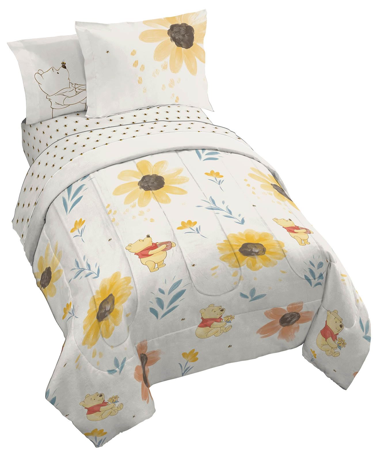 Jay Franco Disney Winnie The Pooh Twin Comforter Set - 5 Piece Bedding Includes Sheet Set & Pillow Covers - Super Soft Cozy Flor