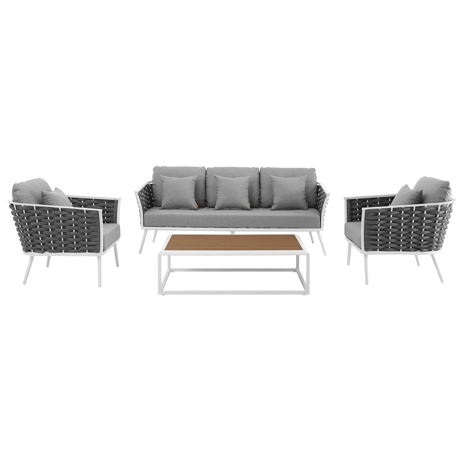 Modway Stance Outdoor Patio Aluminum, Sofa, Coffee Table, And Two Armchairs, White Gray