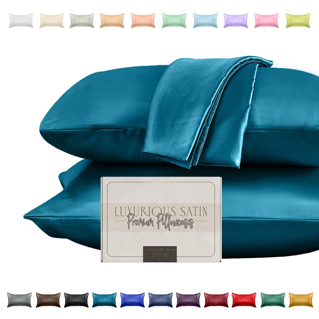 Elegant Comfort Silky And Luxurious 2-Piece Satin Pillowcase Set For Healthier Skin And Hair, Hidden Zipper Closure And Beautifully Packaged, Satin Pillowcase Set, King, Turquoise