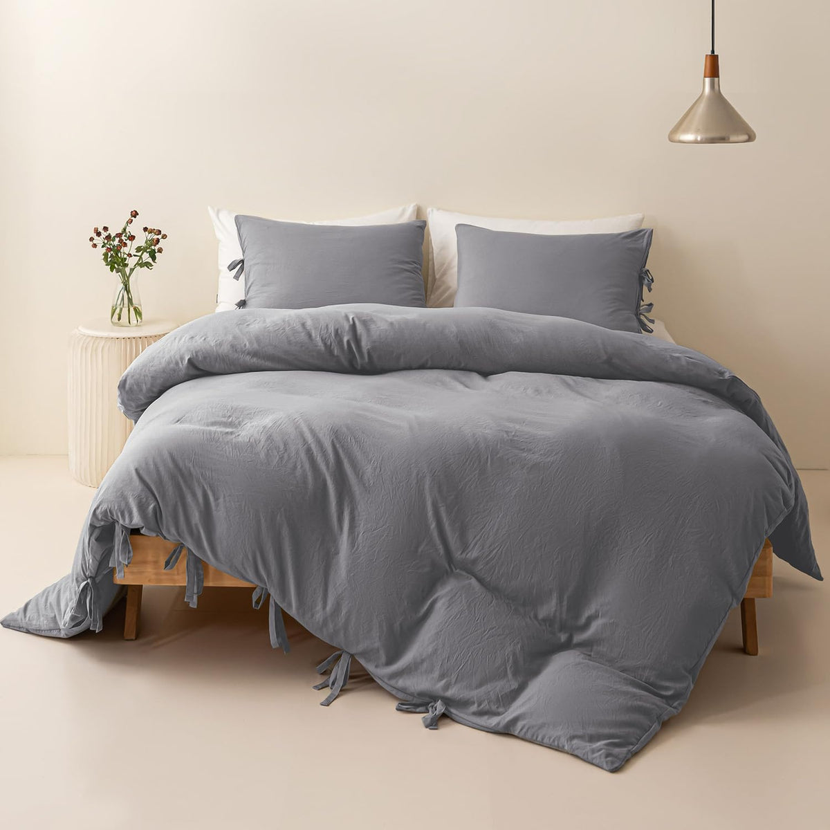 Twin Duvet Cover Washed Microfiber Grey Duvet Cover Set With Bowknot Closure Twin Size 2 Pieces Modern Simple Strap Design For K