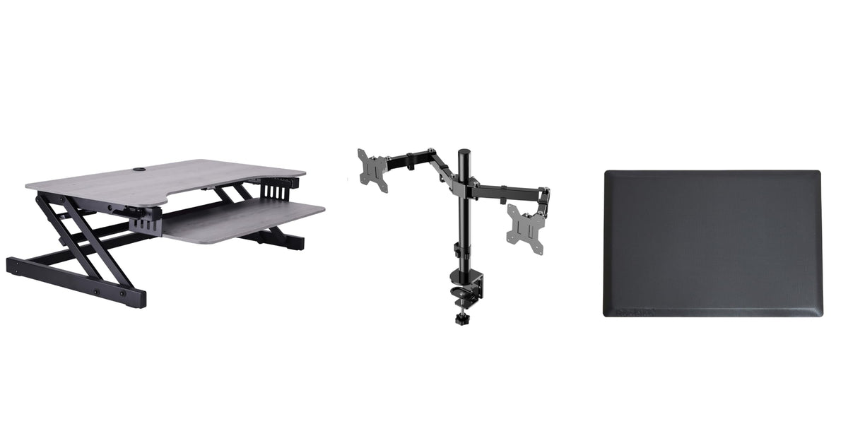 Rocelco 37.5&quot; Deluxe Height Adjustable Standing Desk Converter with Dual Monitor Mount and Anti Fatigue Mat Bundle - Sit Stand Up Computer Workstation Riser - Keyboard Tray - Gray (R DADRG-DM2-MAF)