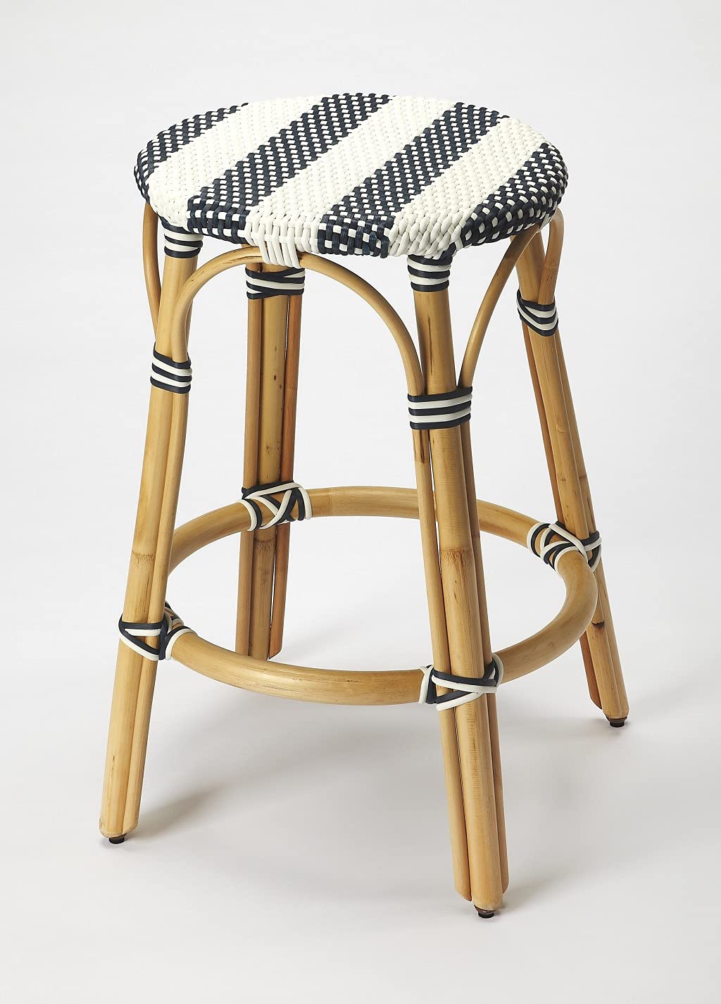 HomeRoots Rattan, Polyurethane Synthetic Rattan Midnight Blue and White Rattan Counter Stool