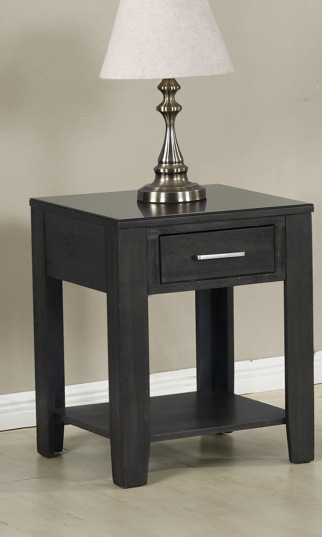 Lilola Home Bruno Ash Gray Wooden End Table with Tempered Glass Top and Drawer