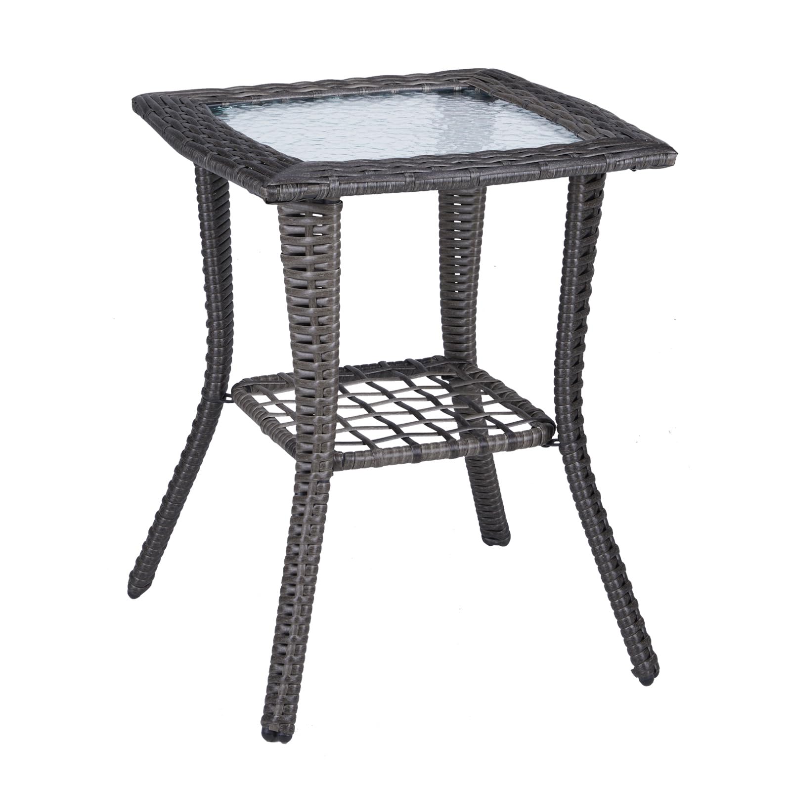 Pinikuyiro Outdoor Side Table with Storage Wicker Patio Side Table, Tempered Glass Top End Table for Balcony Porch Deck (Grey)