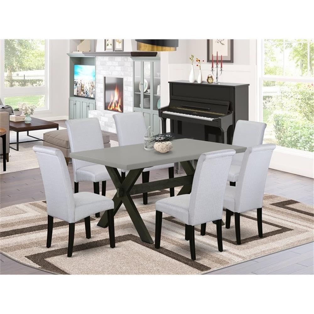 East West Furniture X696Ba105-7 7 Piece Dining Table Set Consist Of A Rectangle Dining Room Table With X-Legs And 6 Grey Linen Fabric Upholstered Chairs, 36X60 Inch, Multi-Color