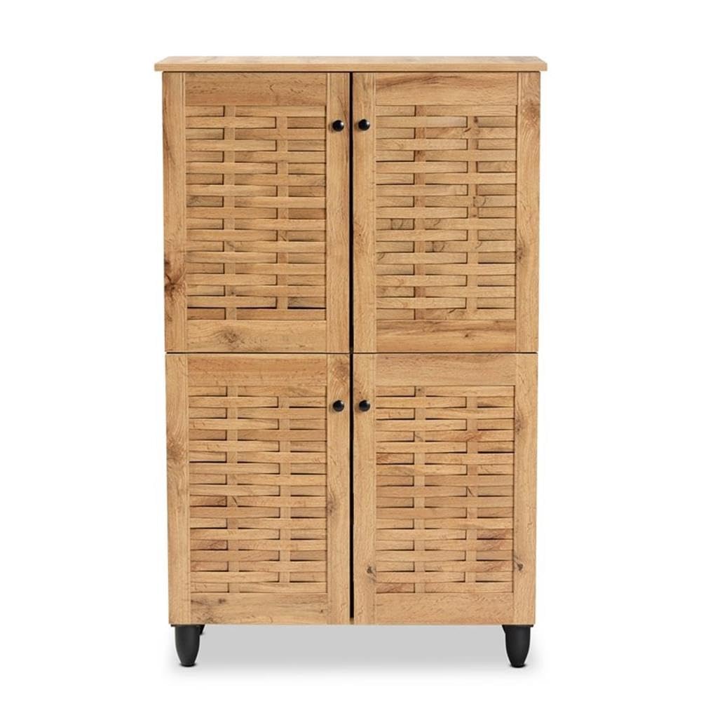 Baxton Studio Winda Modern and Contemporary Oak Brown Finished Wood 4-Door Shoe Storage Cabinet