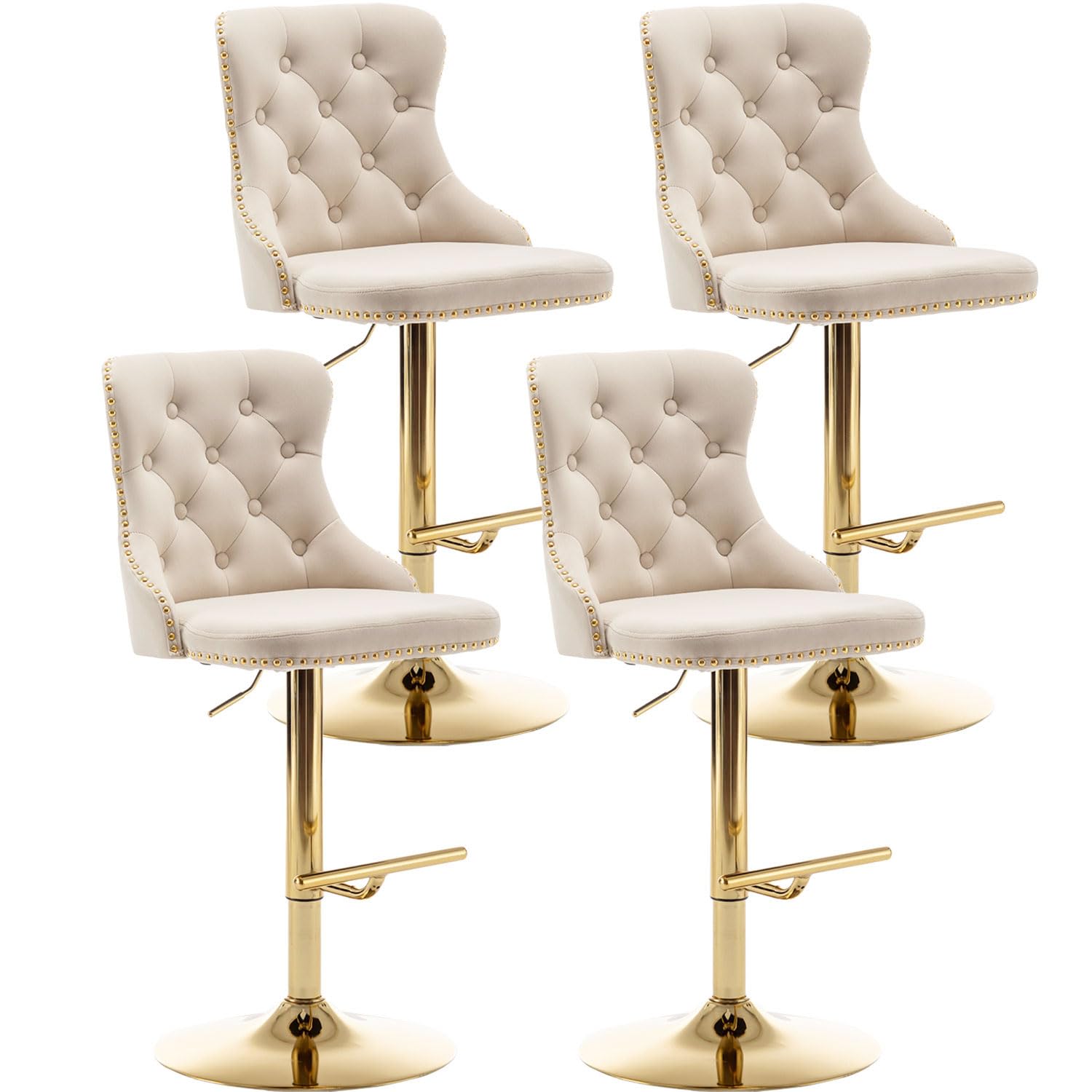 Riknuxi Velvet Bar Stools Set of 4, Counter Height Bar Stools with Button & Nailheads Trim, Gold Swivel Bar Stools for Kitchen I