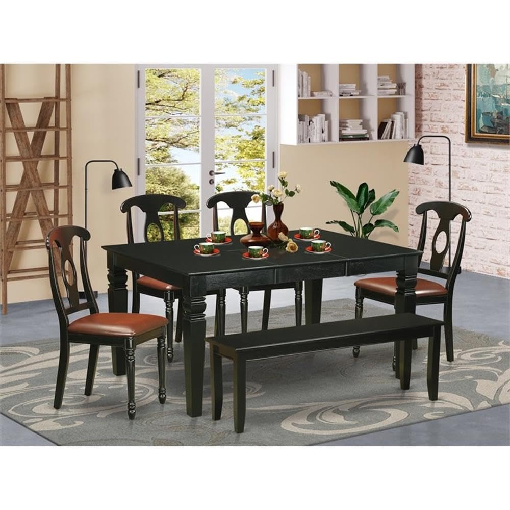 East West Furniture WEKE6D-BLK-LC 6 Piece Dining Table Set Contains a Rectangle Dining Room Table with Butterfly Leaf and 4 Faux Leather Upholstered Chairs with a Bench, 42x60 Inch, Black