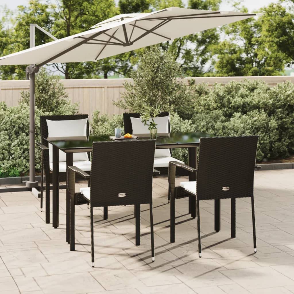 vidaXL 5-Piece Patio Dining Set - Robust Black Poly Rattan with Cushions, Tempered Glass Tabletop, Modular Design, Comfortable Seating, Perfect for Outdoor Dining and Relaxation