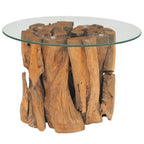 vidaXL Handmade Coffee Table with Solid Teak Driftwood Base and Tempered Glass Top - 23.6" Round Side Table Perfect for Living Room