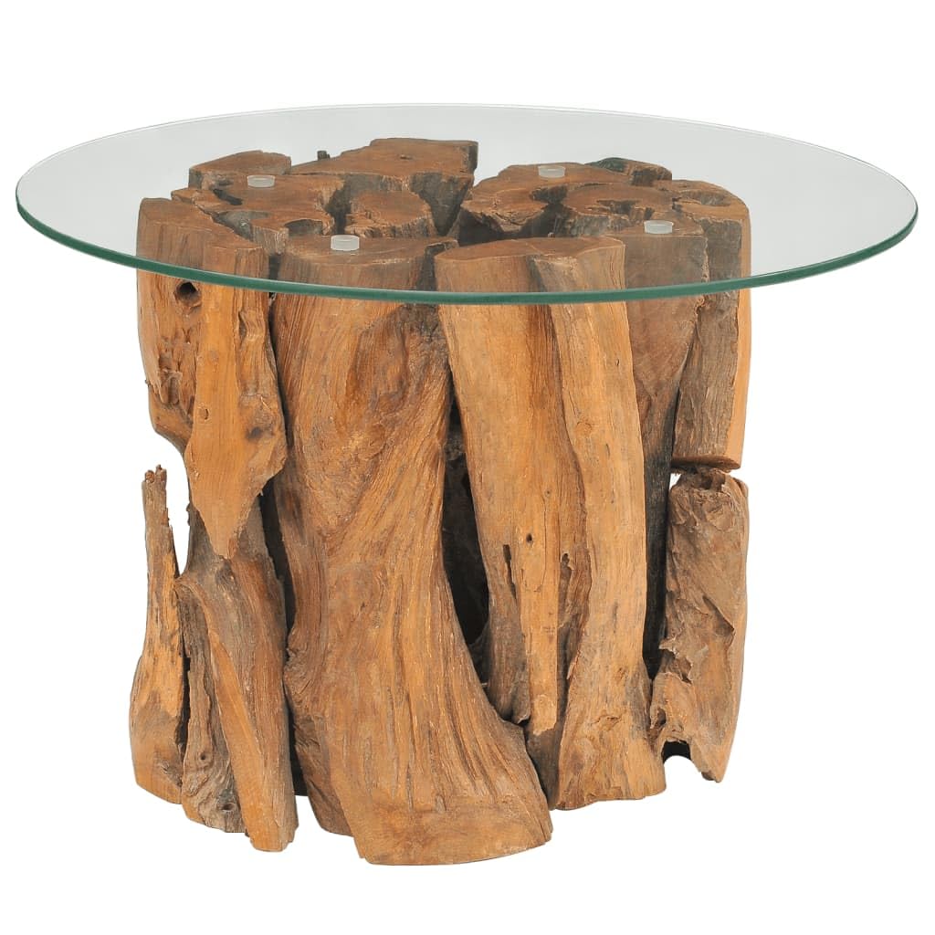 vidaXL Handmade Coffee Table with Solid Teak Driftwood Base and Tempered Glass Top - 23.6" Round Side Table Perfect for Living Room