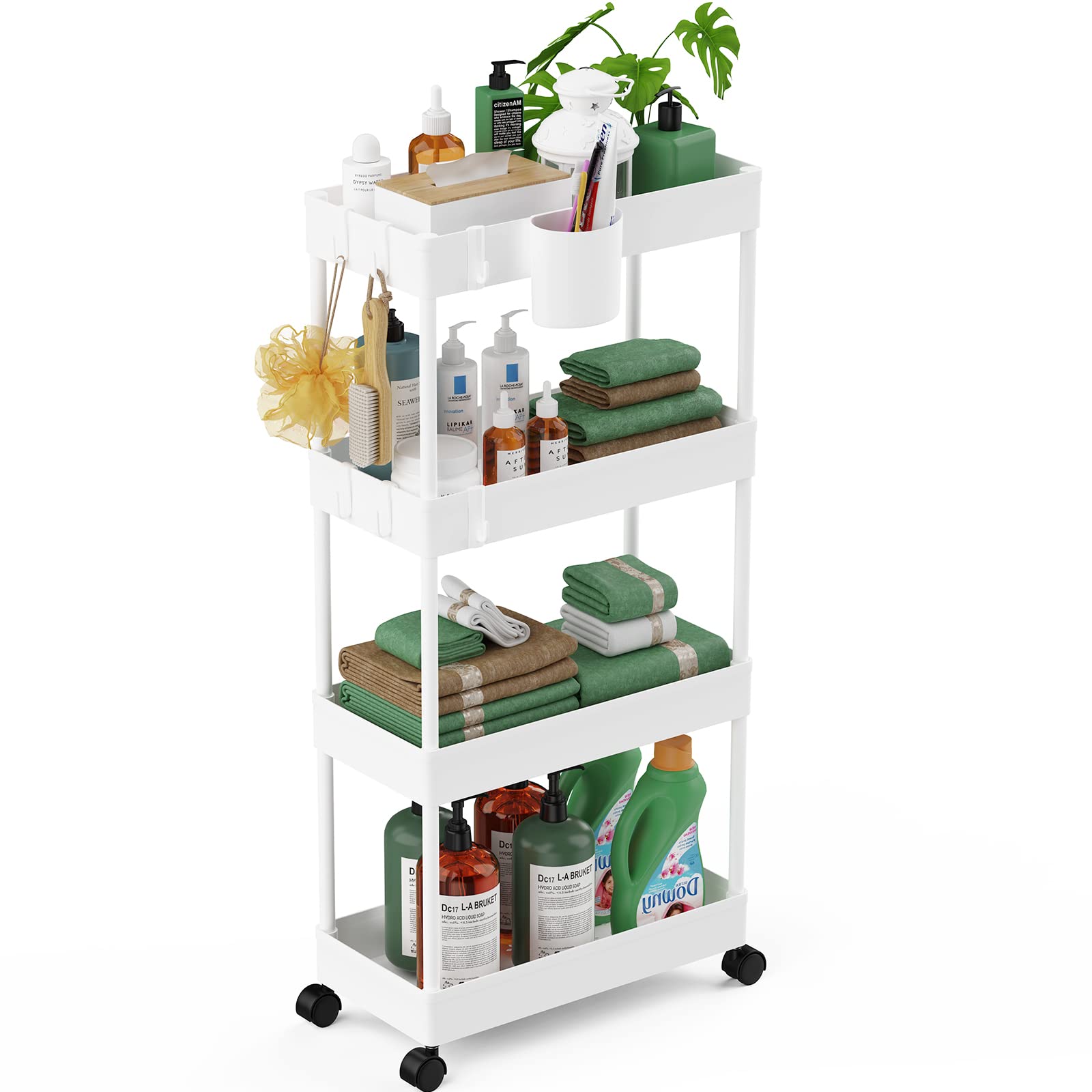 LEHOM Slim Rolling Storage Cart - 4 Tiers Bathroom Organizer Utility Cart Slide Out Storage Shelves Mobile Shelving Unit for Kit