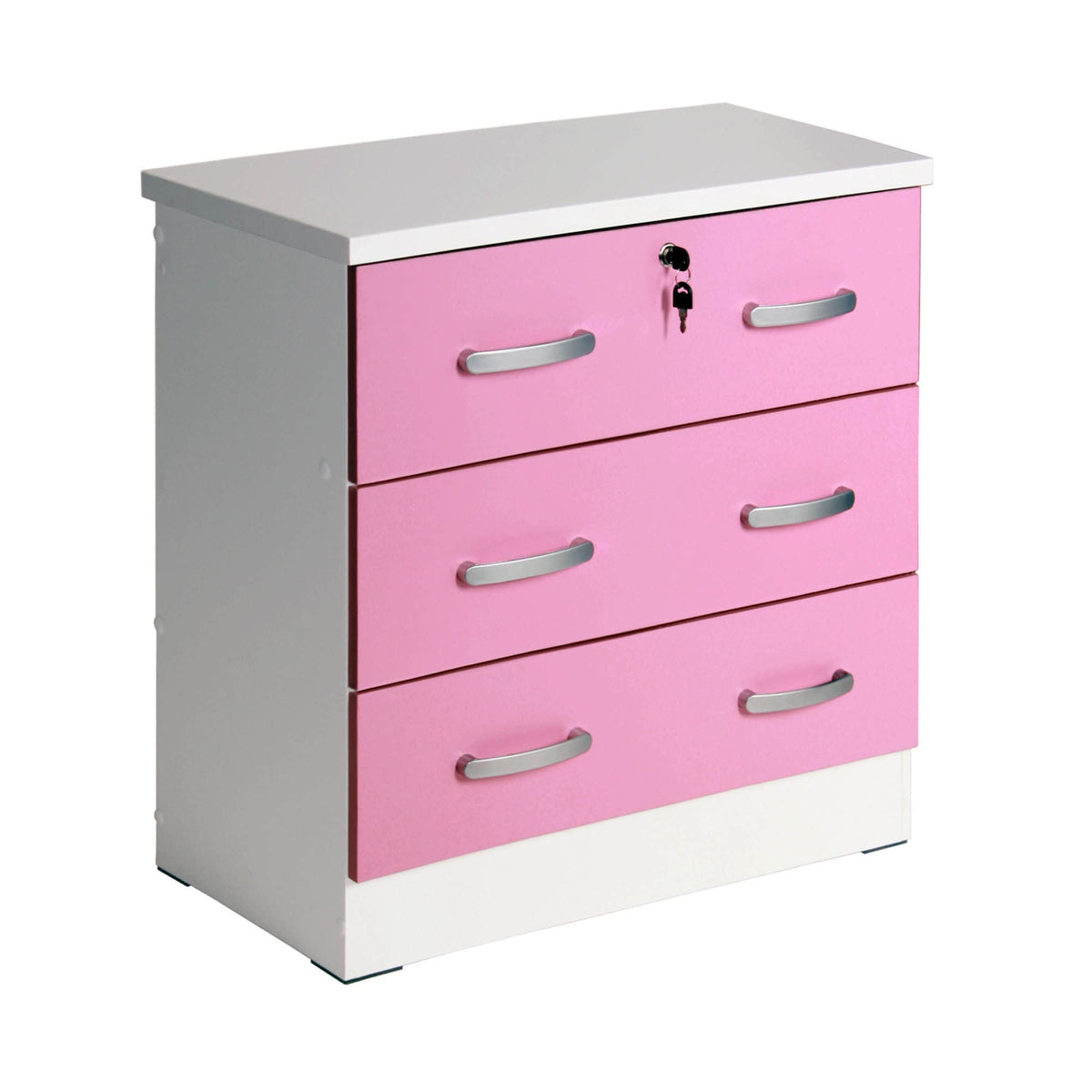 Better Home Products Cindy Wooden 3 Drawer Chest Bedroom Dresser in White and Pink