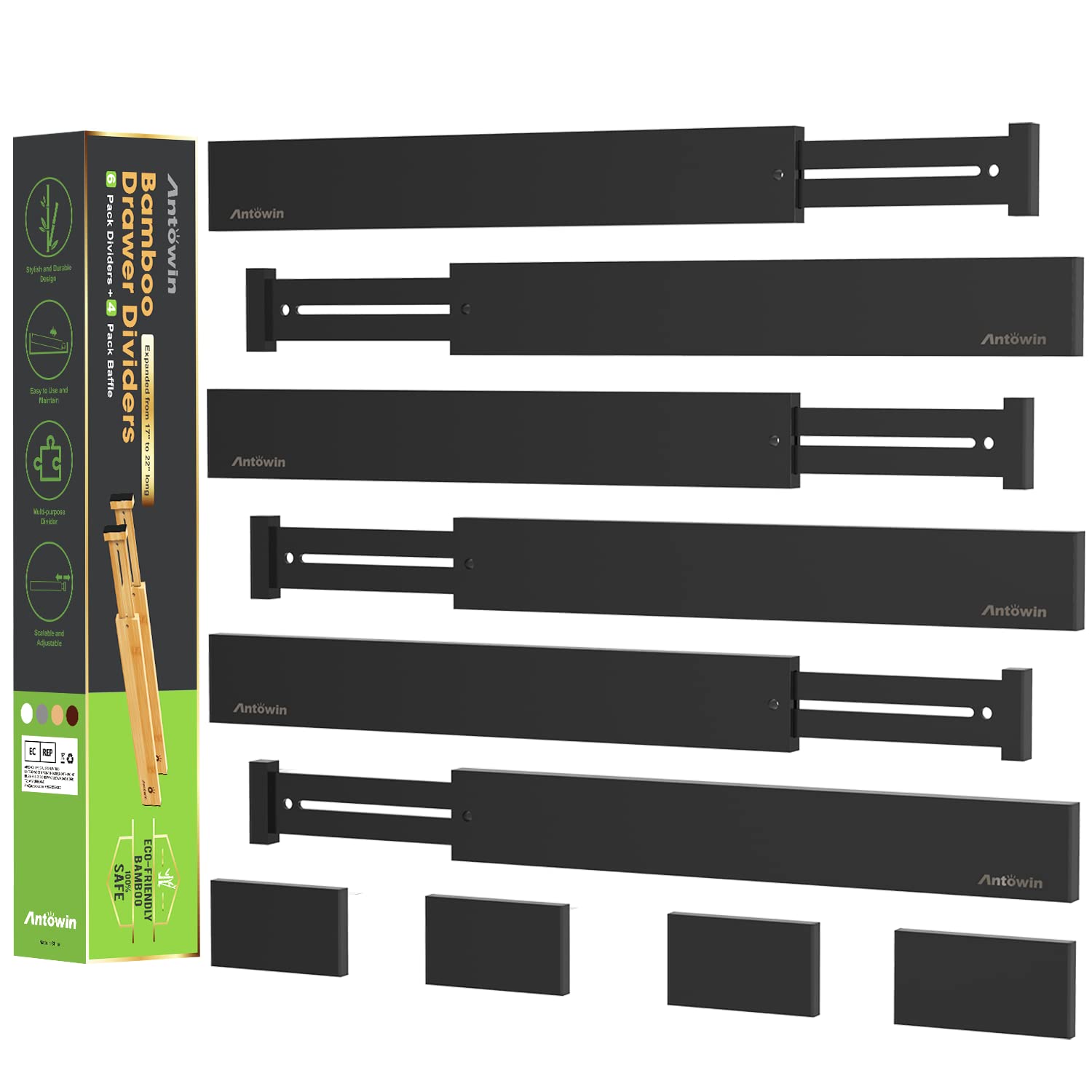 ANTOWIN 10pack Bamboo Drawer Dividers, Expandable Drawer Separators Splitter, 17-22 inches Adjustable Spring-loaded Organizer fo