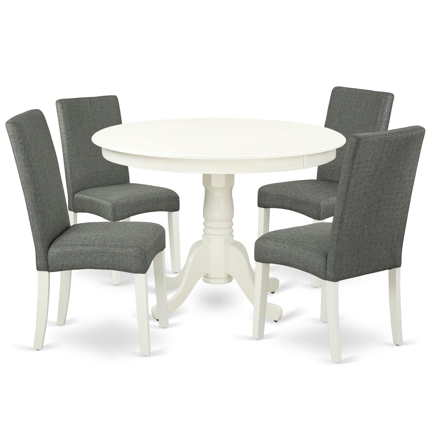 East West Furniture Hldr5-Lwh-07 5 Piece Dinette Set For 4 Includes A Round Dining Room Table With Pedestal And 4 Gray Linen Fabric Parsons Dining Chairs, 42X42 Inch, Linen White