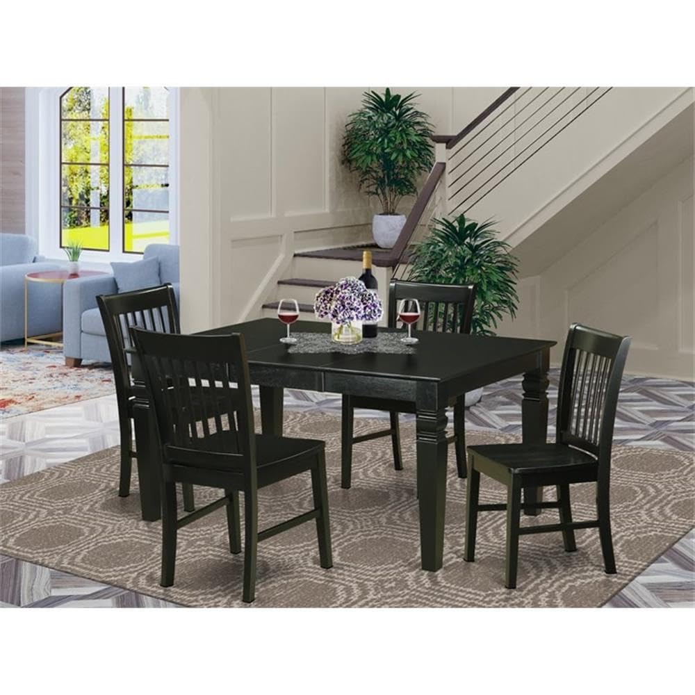East West Furniture WENO5-BLK-W 5 Piece Kitchen Table Set for 4 Includes a Rectangle Dining Room Table with Butterfly Leaf and 4 Solid Wood Seat Chairs, 42x60 Inch, Black