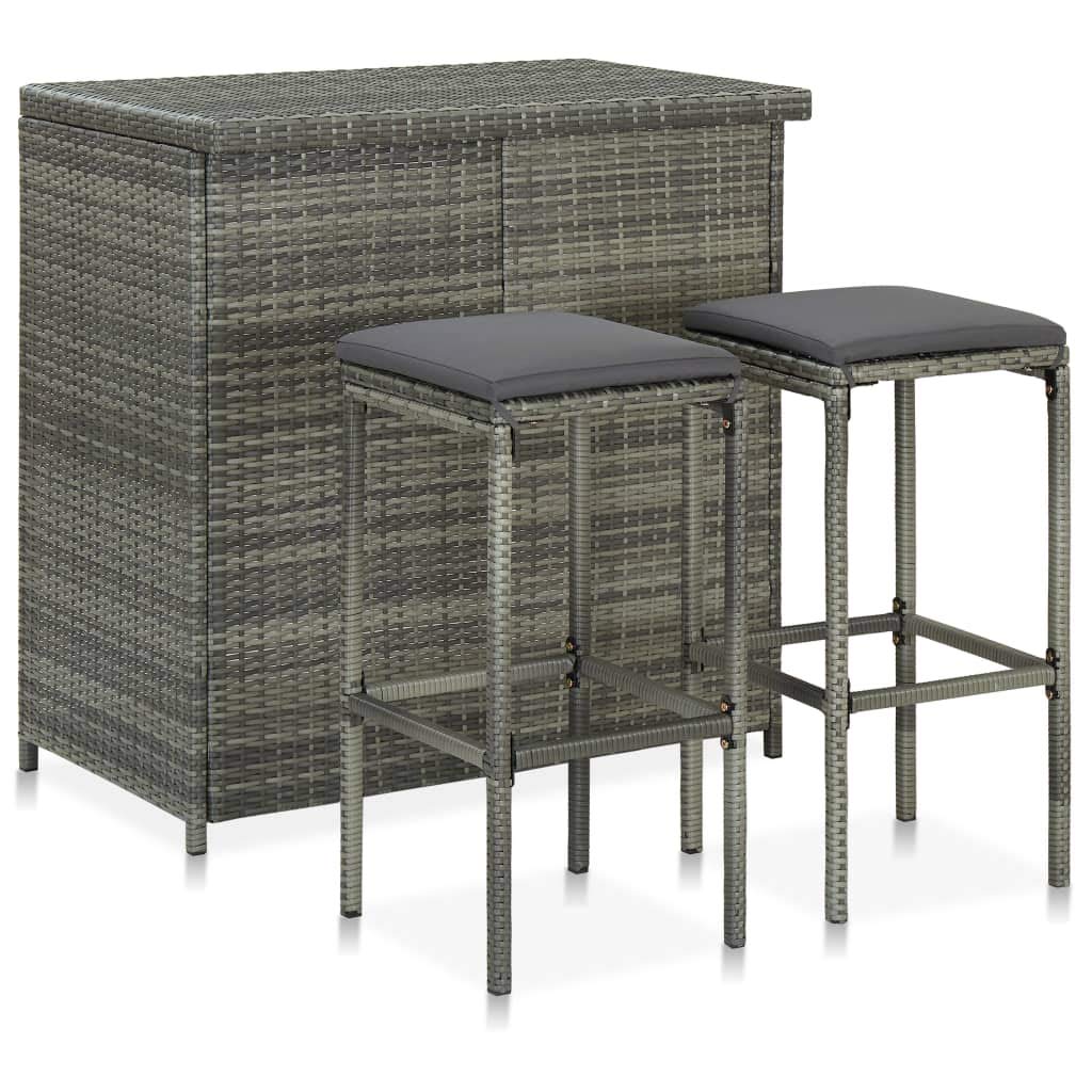 vidaXL Modern Lightweight Bar Set – Poly Rattan Grey – Outdoor Pub Set – Durable Weather-Resistant, Stylish 3-Piece Bistro Set with Seat Cushion and Additional Footrest