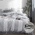 Biselina Striped Duvet Cover Set 2Pcs 100% Washed Cotton Linen Like Textured With Bowknot Bow Ties Strap Reversible Breathable S
