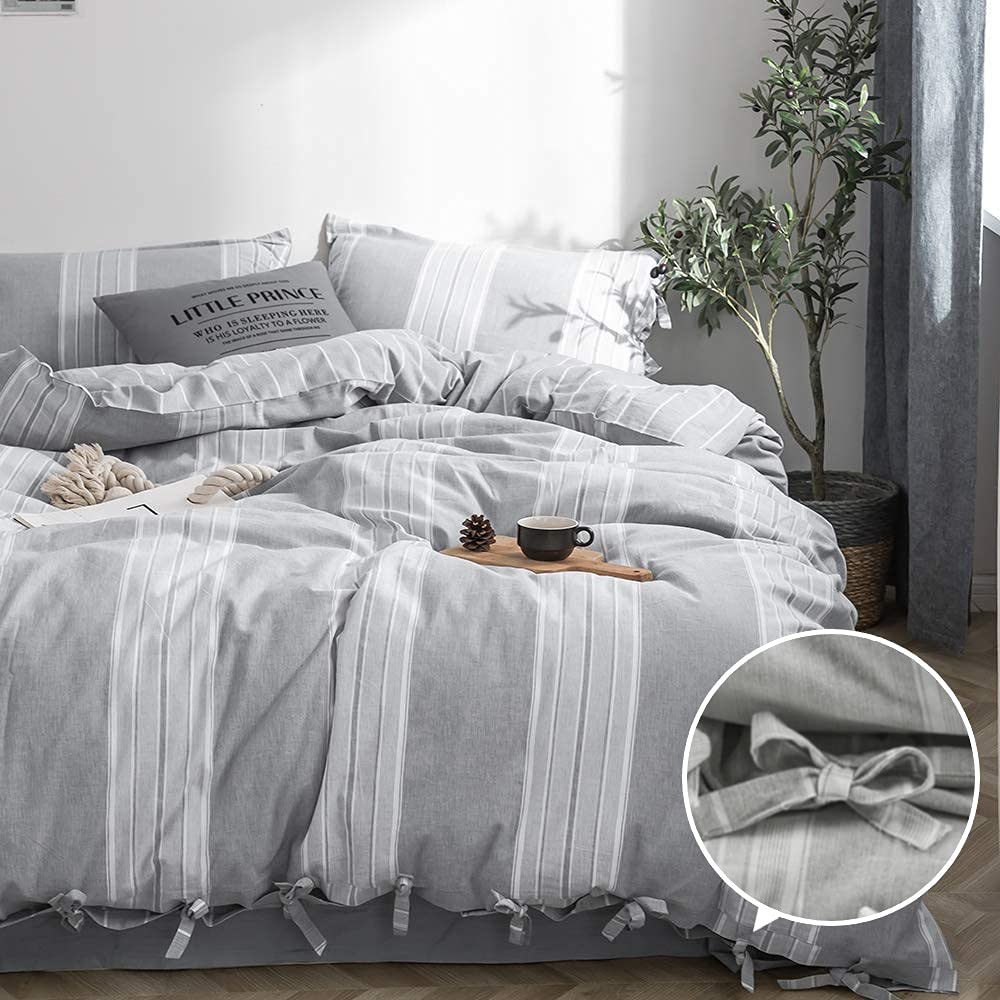 Biselina Striped Duvet Cover Set 2Pcs 100% Washed Cotton Linen Like Textured With Bowknot Bow Ties Strap Reversible Breathable S