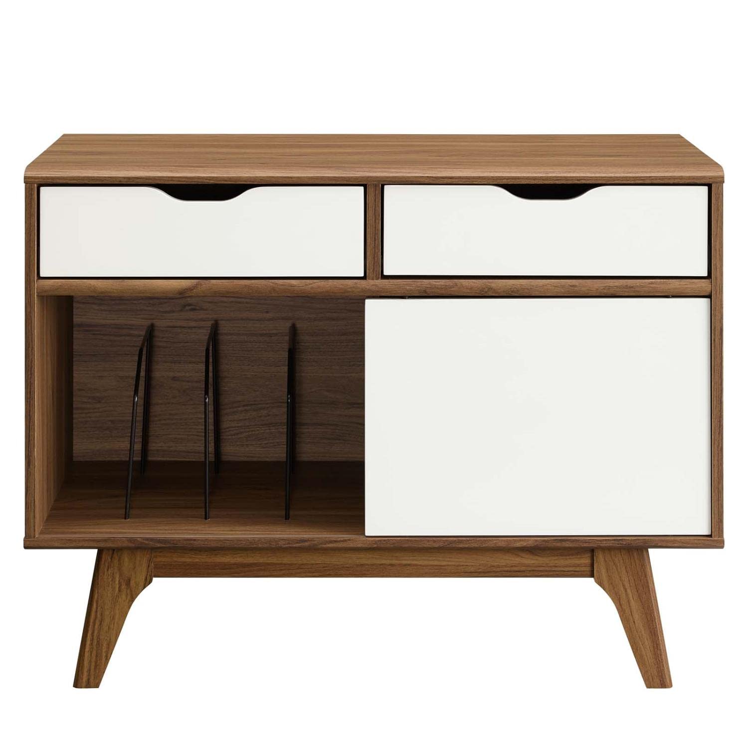 Modway Envision Mid-Century Modern 37&quot; Vinyl Record Display Stand With Drawers, 37 Inch, Walnut White