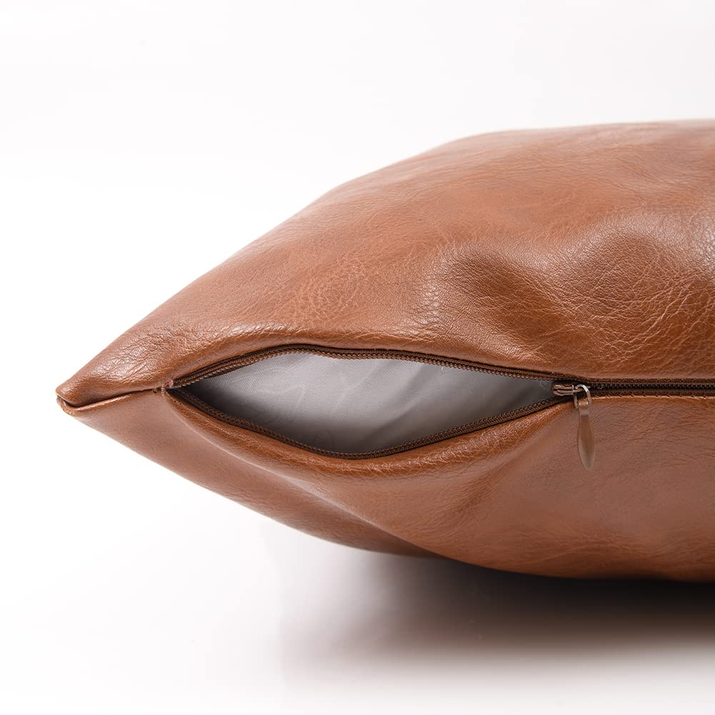 Fancy Homi 2 Packs Brown Boho Long Lumbar Faux Leather Decorative Throw Pillow Covers 16X24 Inch For Couch Bed Sofa, Hand Stitch