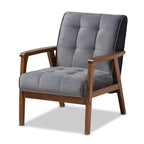 Baxton Studio Asta Mid-Century Modern Grey Velvet Fabric Upholstered Walnut Finished Wood Armchair