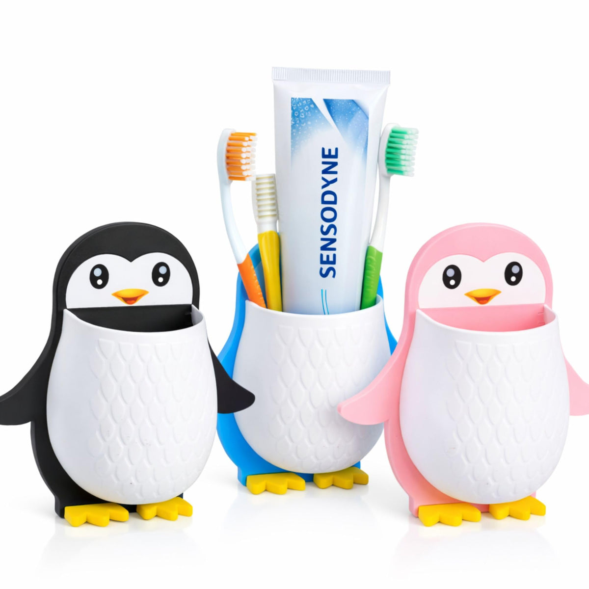 Toothbrush Holder Storage Organizer for Bathroom Wall Mounted Penguin Shape with Self Adhesive Stick Multipurpose Wall Shelves P