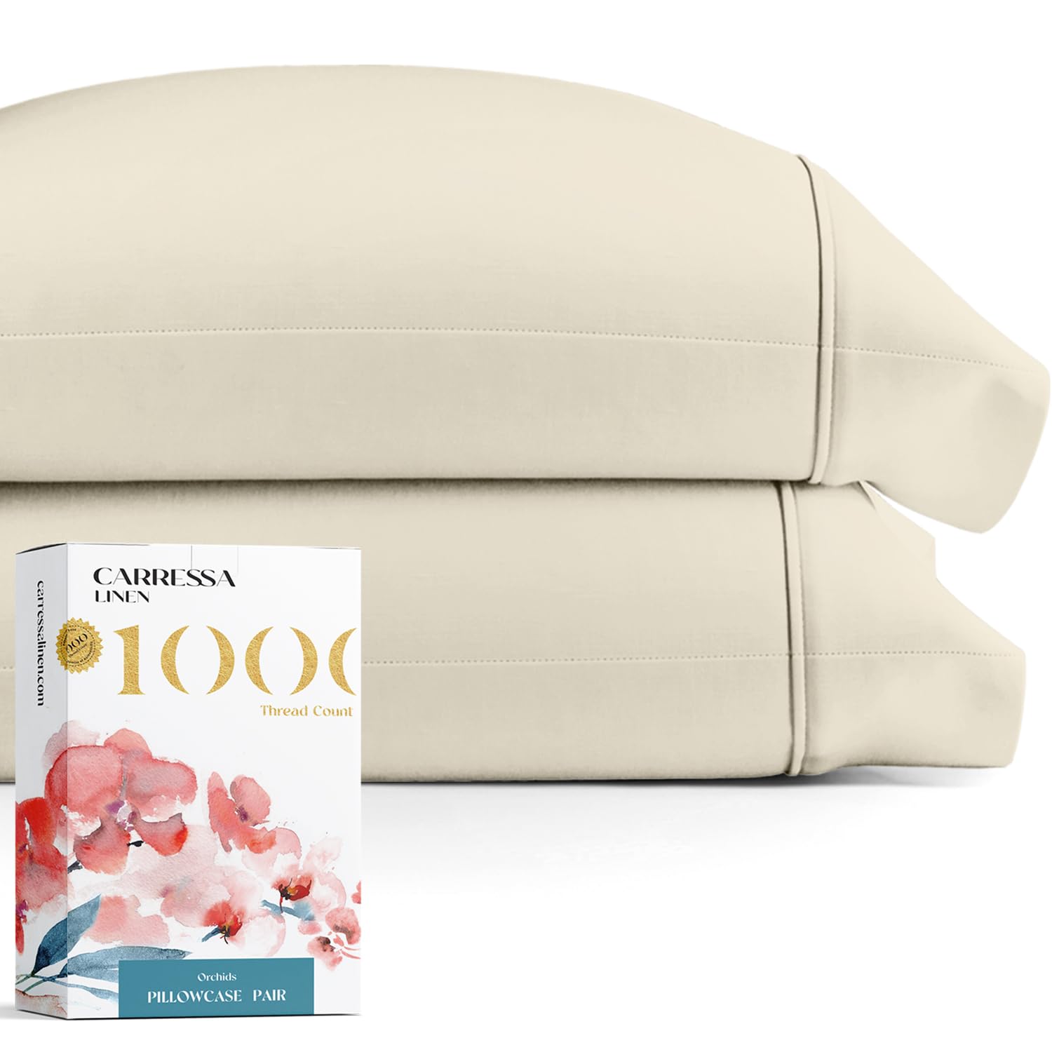 1000 Thread Count Egyptian Cotton Pillow Cases, Ivory King Pillowcase Set Of 2, Longstaple Combed Pure Natural Cotton Pillows Fo