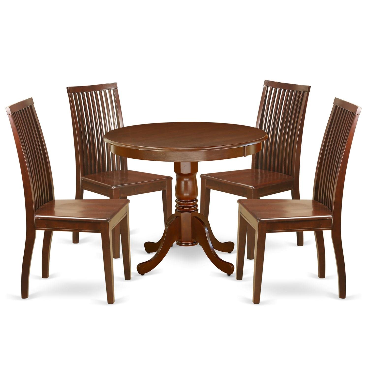 East West Furniture Anip5-Mah-W 5 Piece Kitchen Table & Chairs Set Includes A Round Dining Room Table With Pedestal And 4 Dining Room Chairs, 36X36 Inch, Mahogany