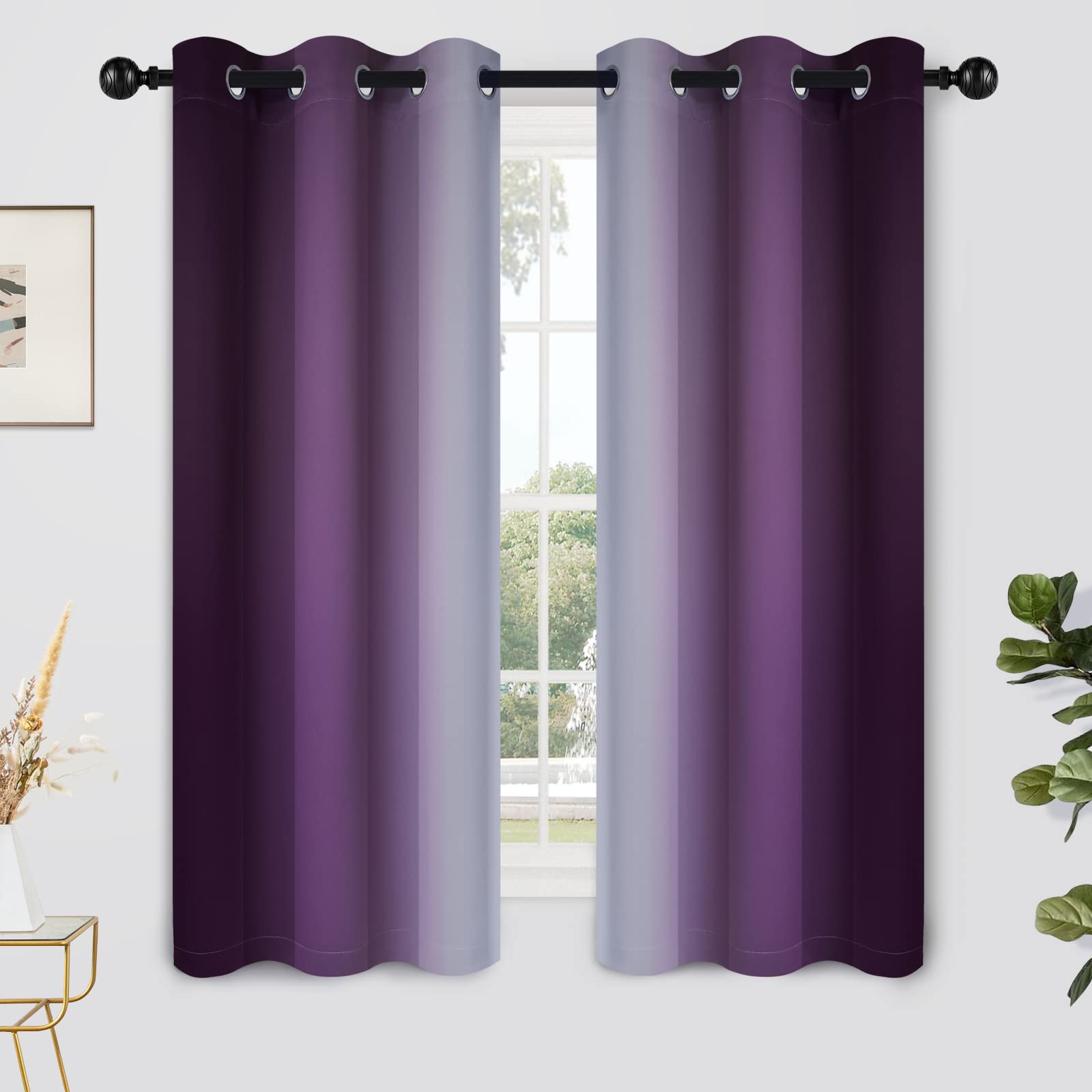 Yakamok Light Blocking Ombre Curtains, Greyish White And Purple Gradient Color Curtains, Room Darkening Grommet Window Drapes Fo
