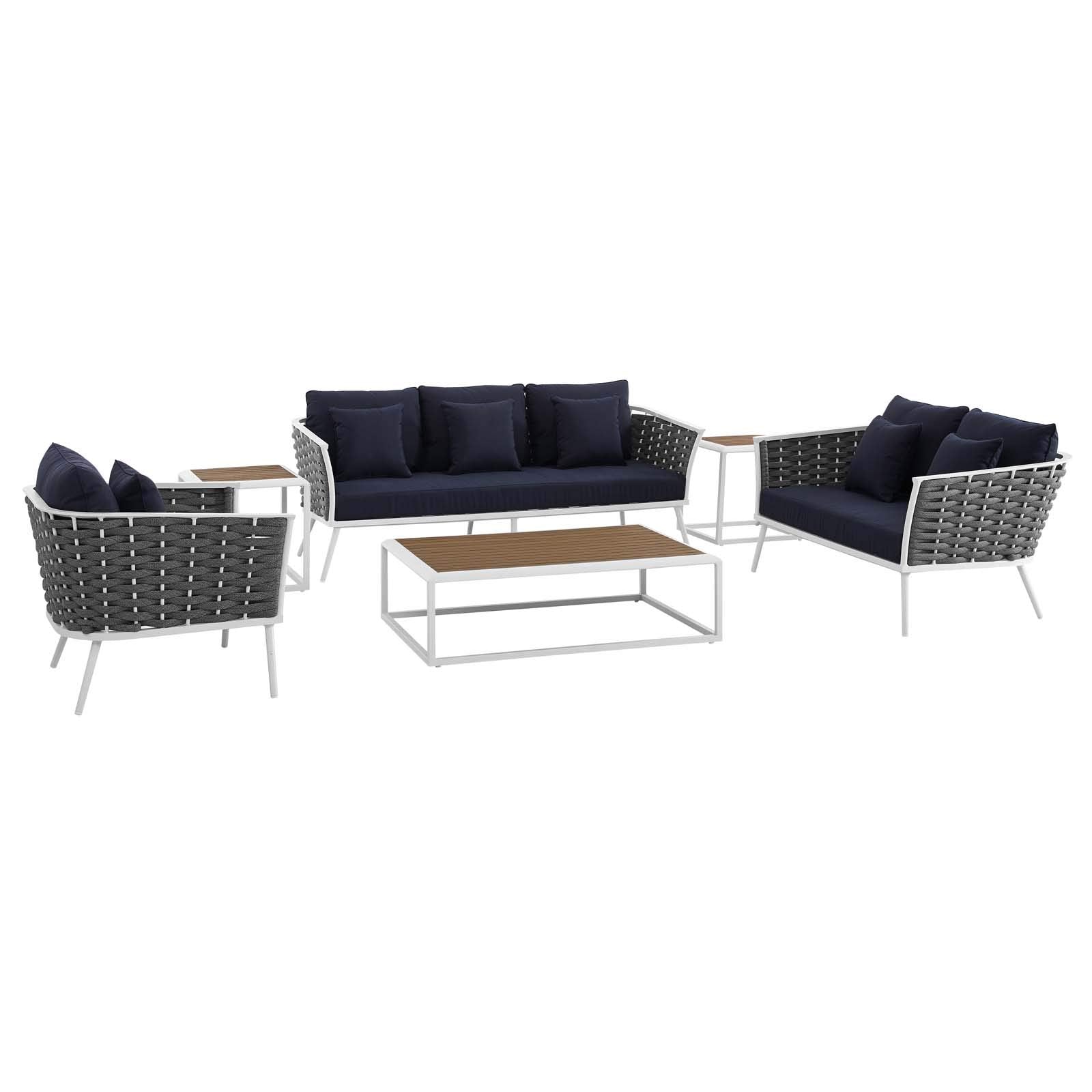 Modway Stance Outdoor Patio Aluminum Sectional Sofa Set, 6 Piece, White Navy
