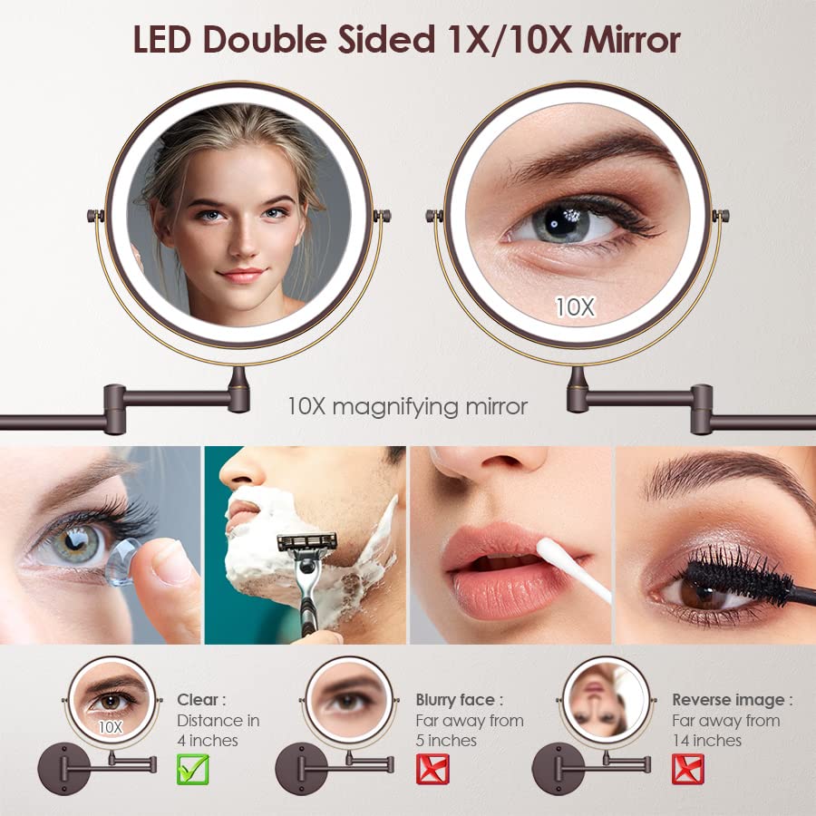 Rocollos Rechargeable Wall Mounted Lighted Makeup Mirror, 8 Inch Double-Sided Led Vanity Mirror 1X/10X Magnification,3 Color Lig