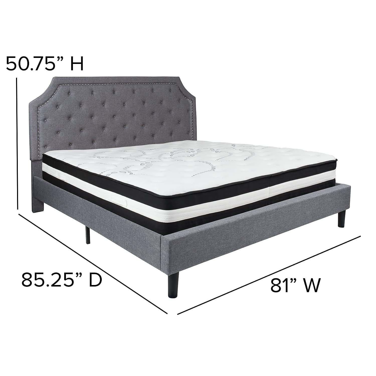 Flash Furniture Brighton King Size Tufted Upholstered Platform Bed In Light Gray Fabric With Pocket Spring Mattress